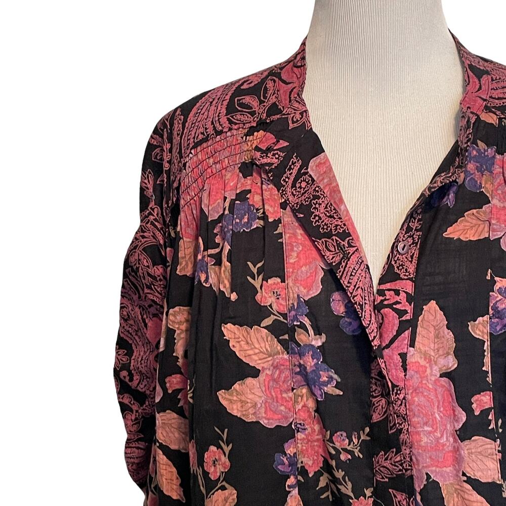 Free People Maraya Top Womens Size Large Black Combo Mixed Floral Puff Sleeves - Picture 3 of 11